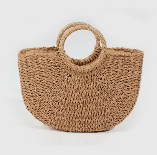 Half Moon Straw Tote- Brown